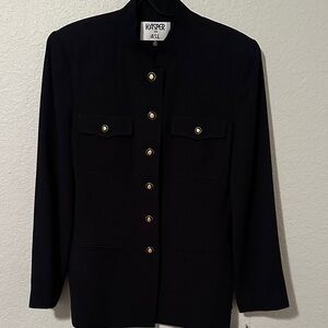 Kasper Black Pantsuit Jacket with Gold Buttons and Black Pants - Size 10